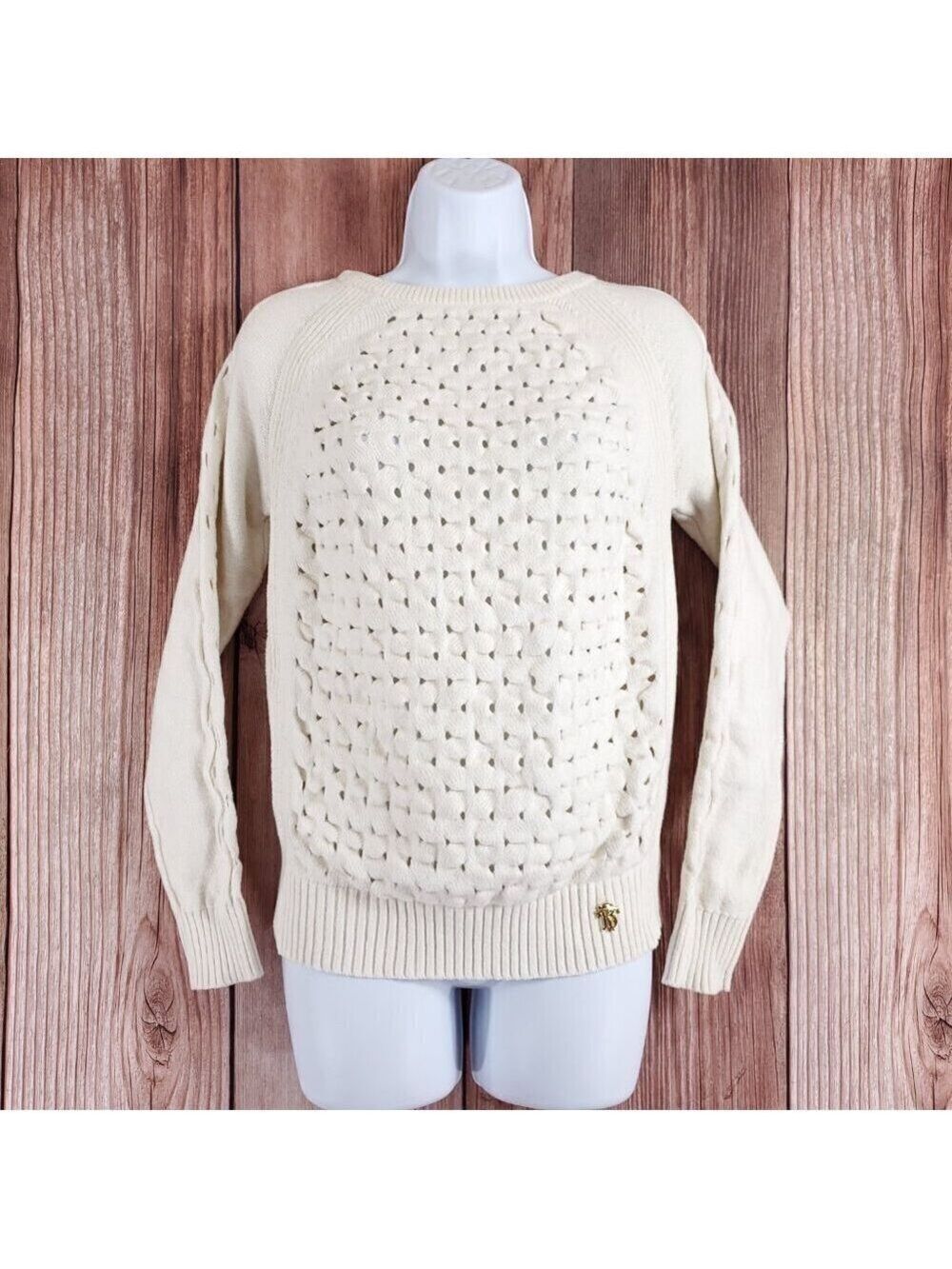 Tory Burch Womens Size Small White Knit Sweater Cotton Polyester Logo